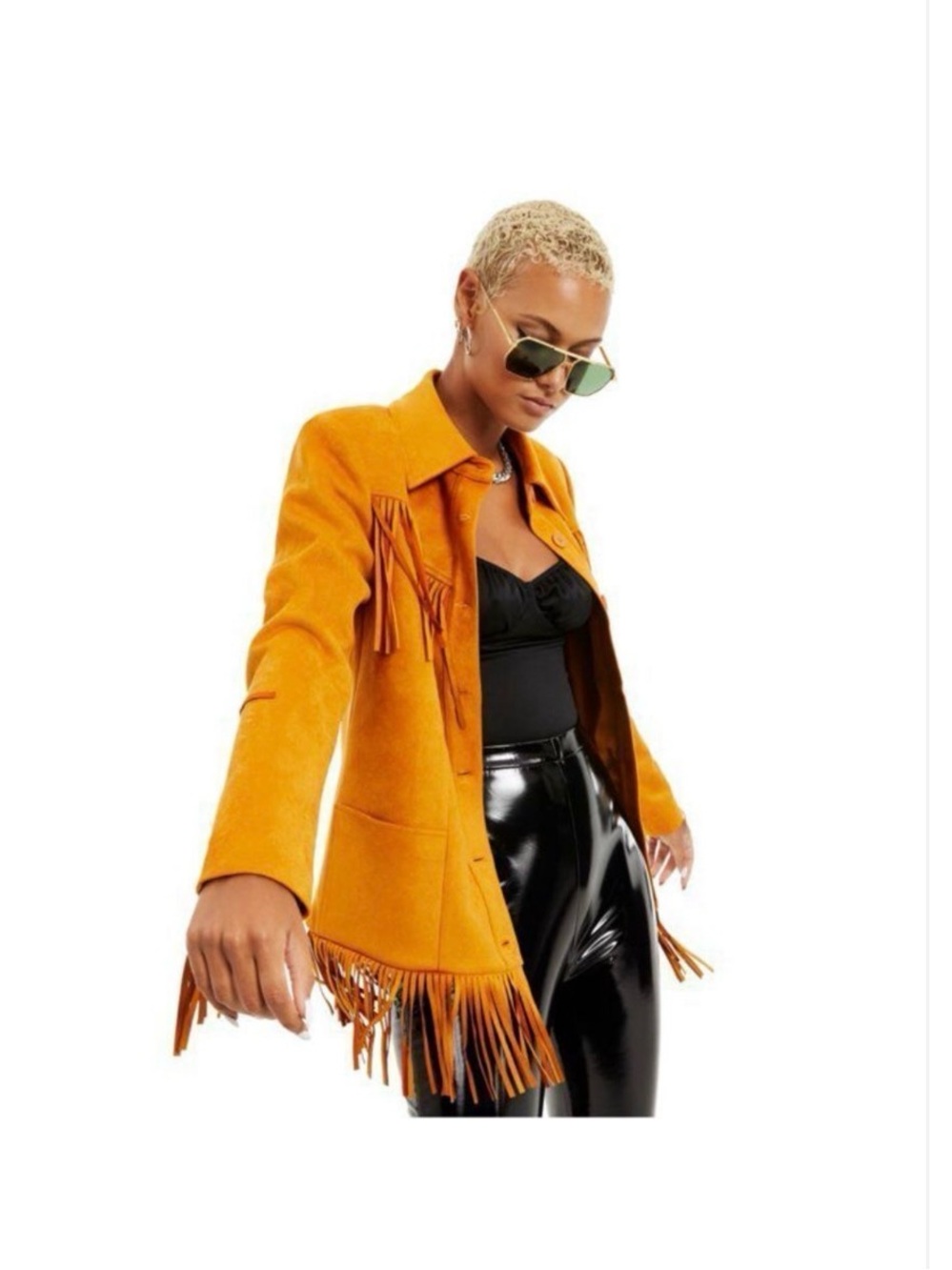 Danielle Bernstein Fringed Suede Jacket in Mustard Yellow - 2xL